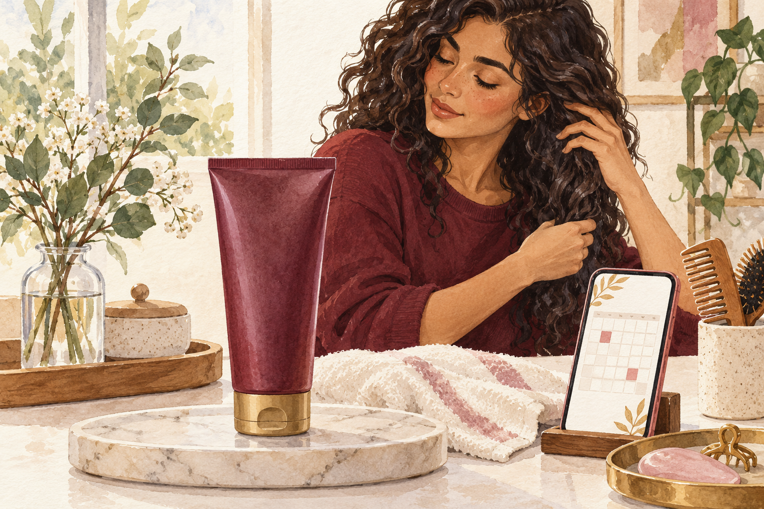 A conditioner tube sits beside an abstract calendar and covered bowl.