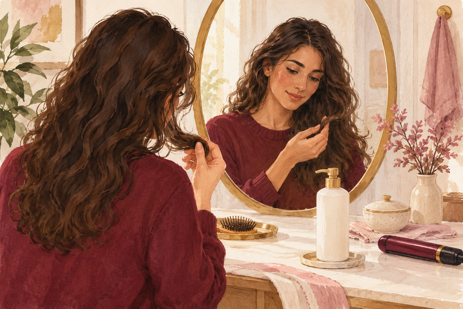 A woman studies her hair ends beside a plain conditioner.