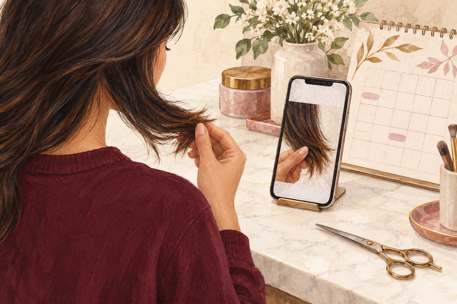One current hair-end reference sits beside a calendar.