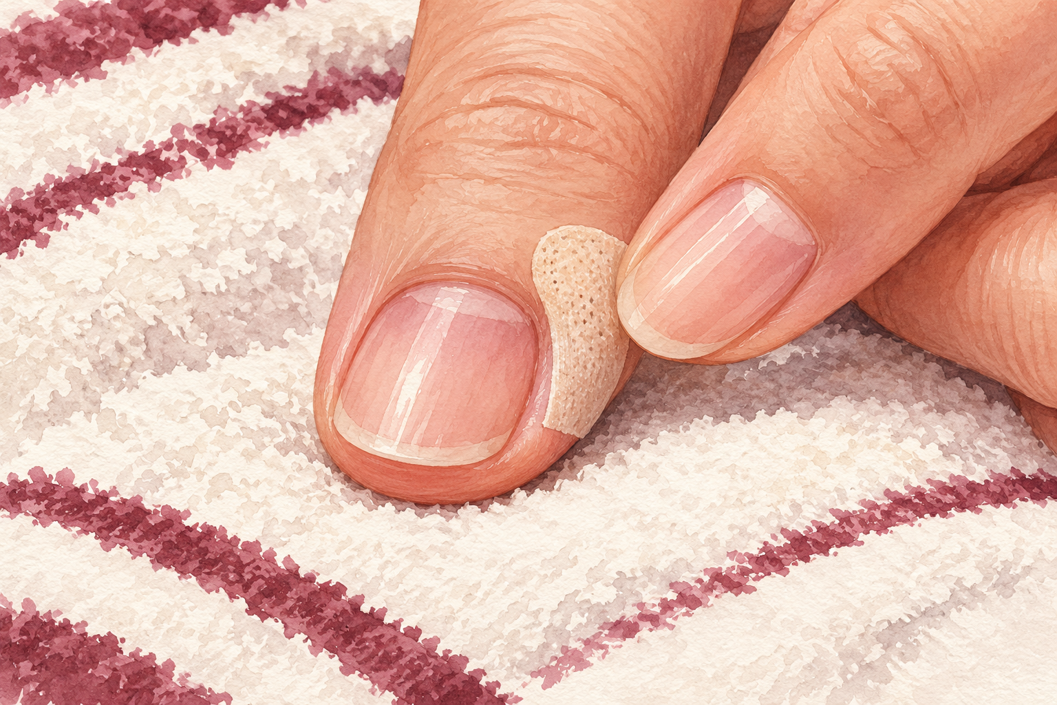 A small plaster covers a rough side-skin spot.