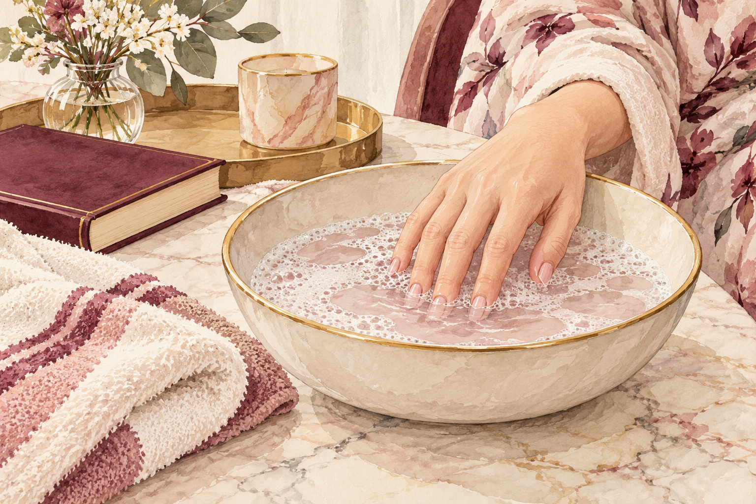 Fingertips rest in comfortable soapy water.