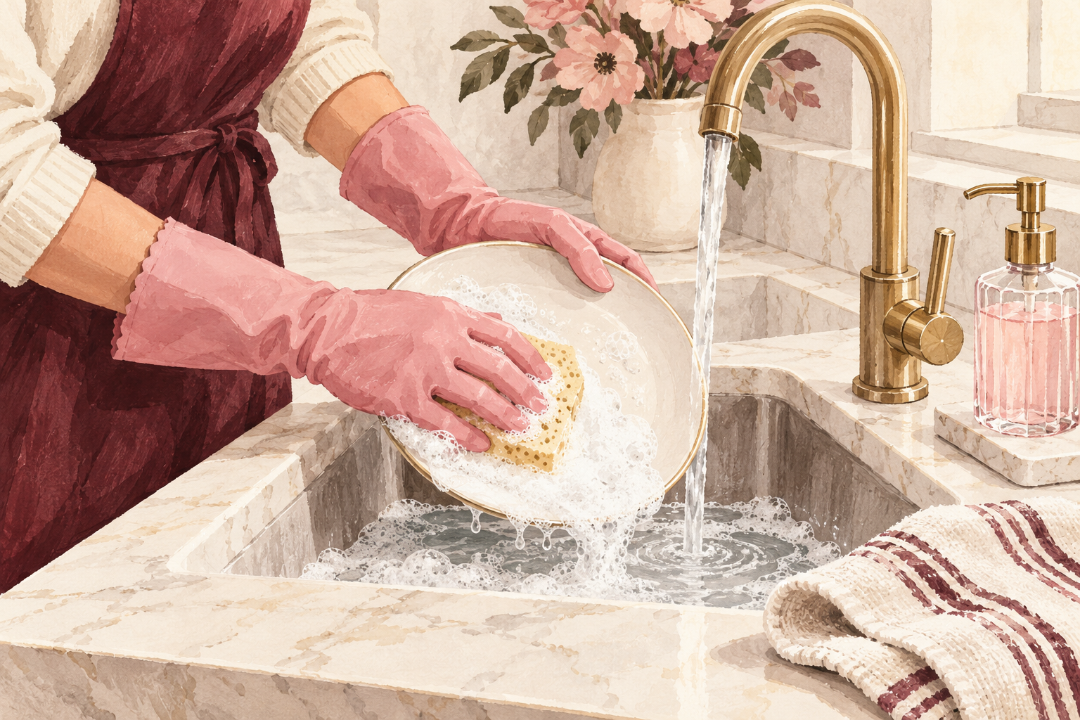 Rubber gloves and mild soap accompany a sink routine.