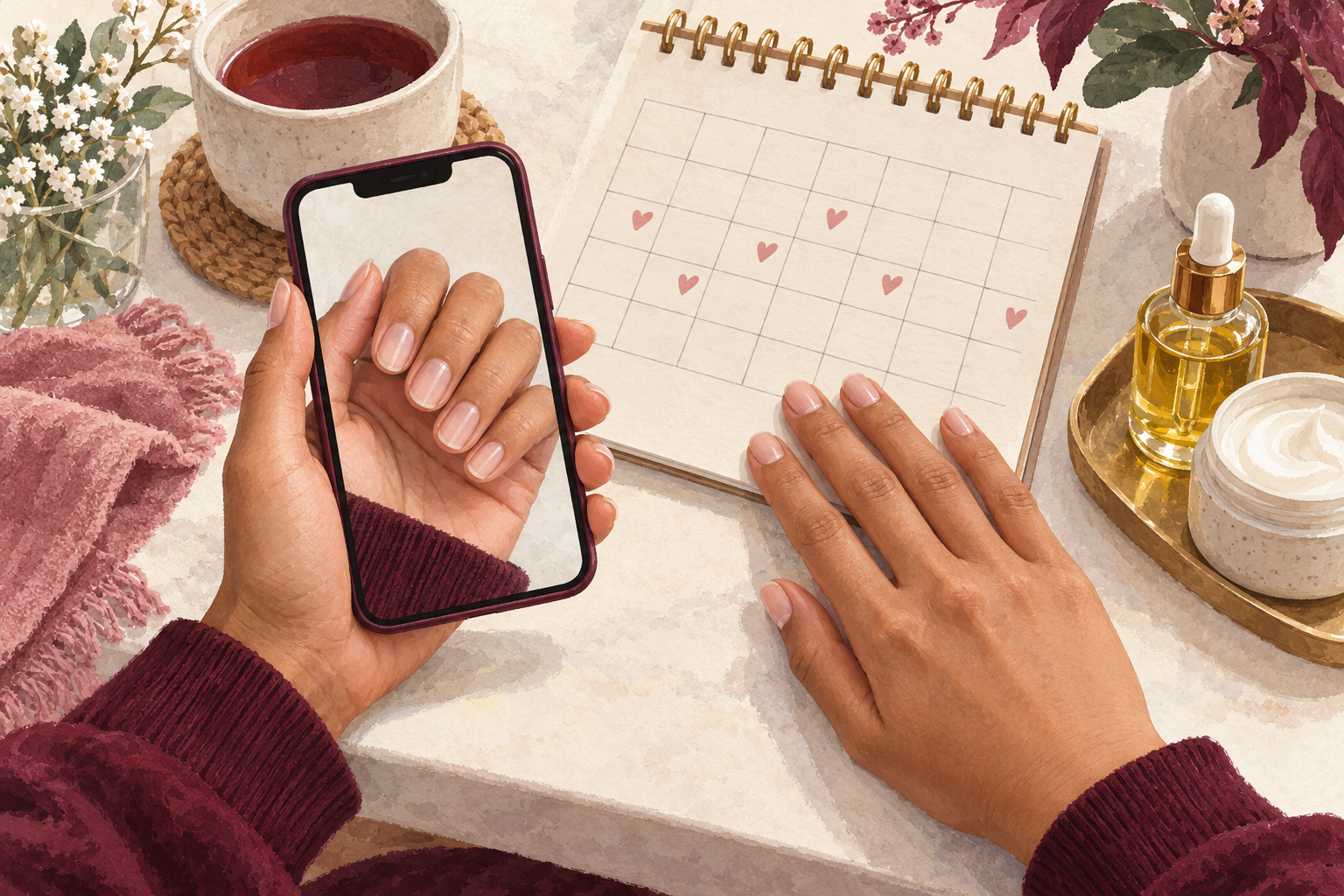 A current hand photo accompanies a care calendar.