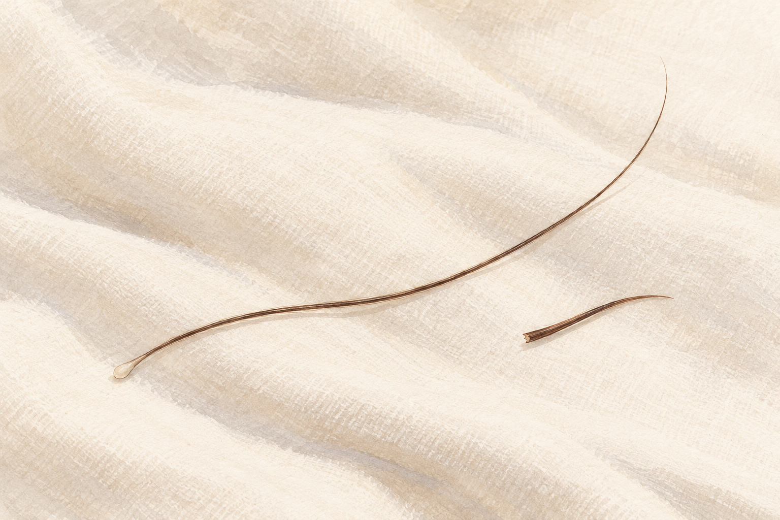 One long hair strand with a tiny pale club tip lies beside a short snapped strand on white cloth.
