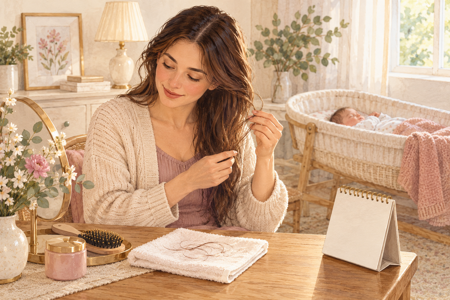 A clothed new mother sits beside a blank calendar while a clothed newborn sleeps in a bassinet.