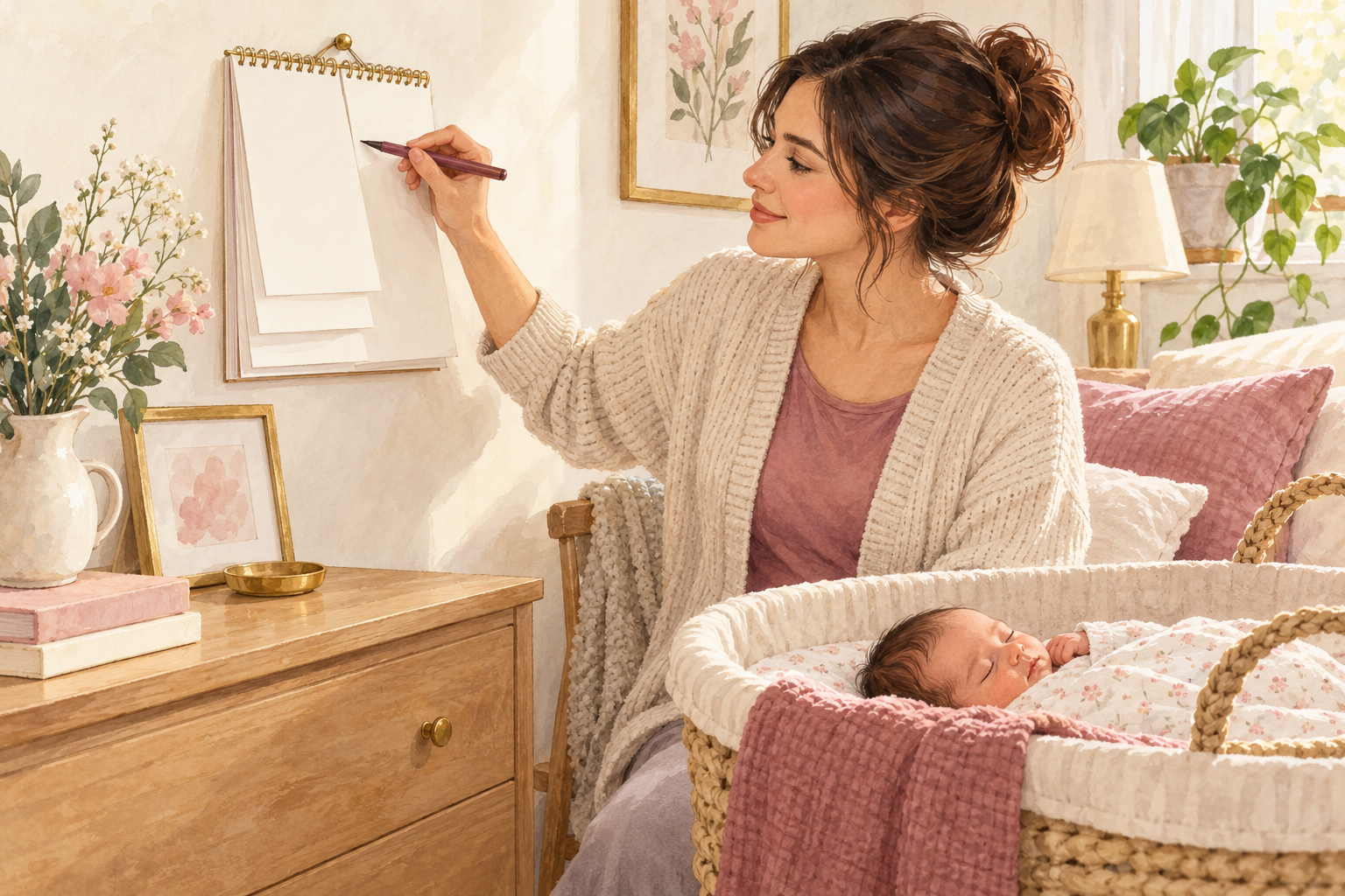 A clothed parent marks a blank calendar page beside a sleeping newborn in a bassinet.