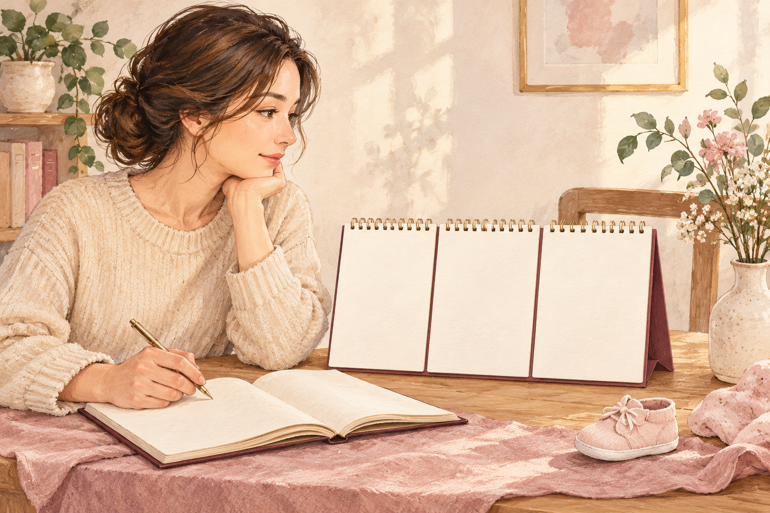 A blank three-part calendar and open notebook sit beside a small baby shoe.