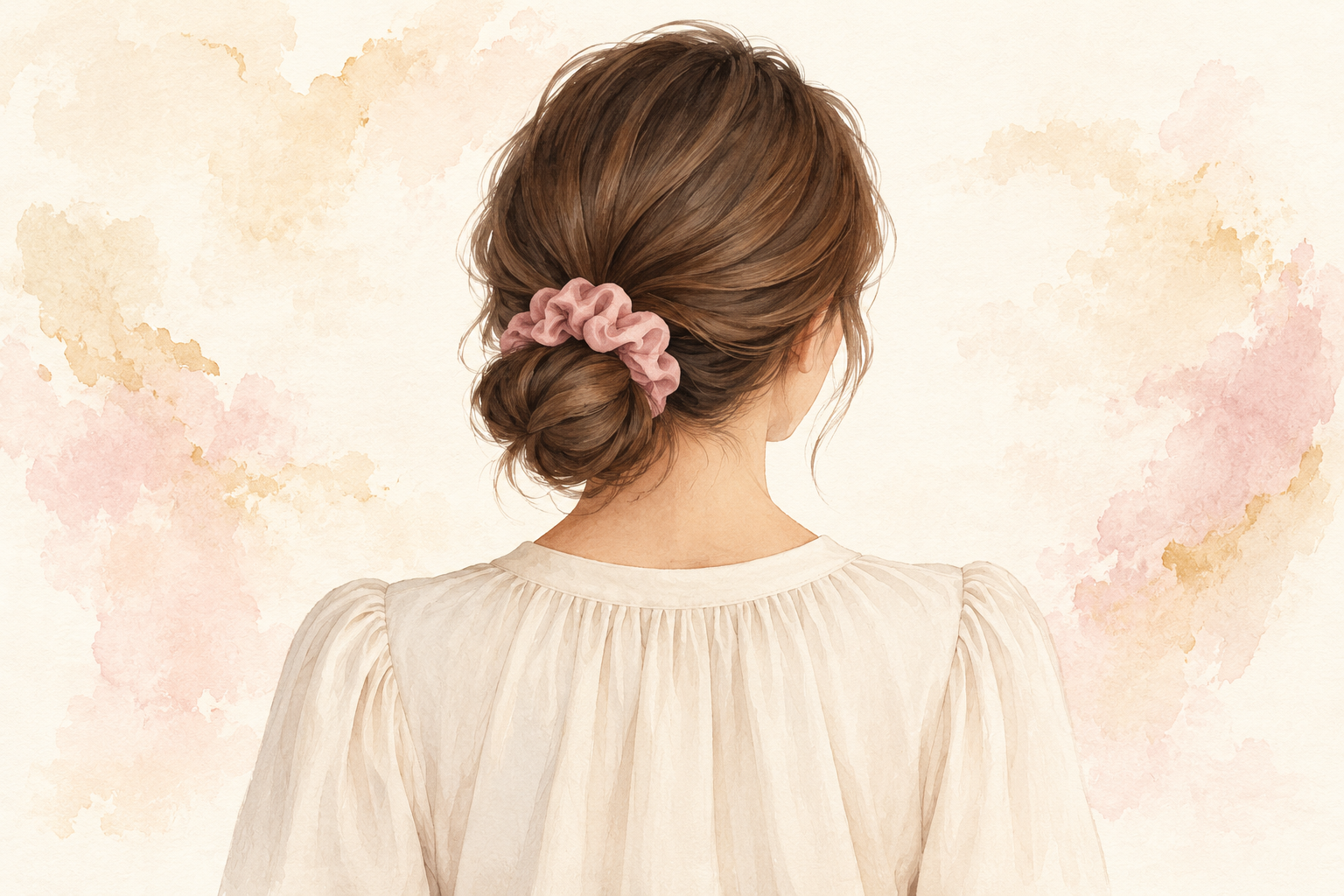 A relaxed low bun is secured with a soft fabric scrunchie, with no tight pull at the hairline.