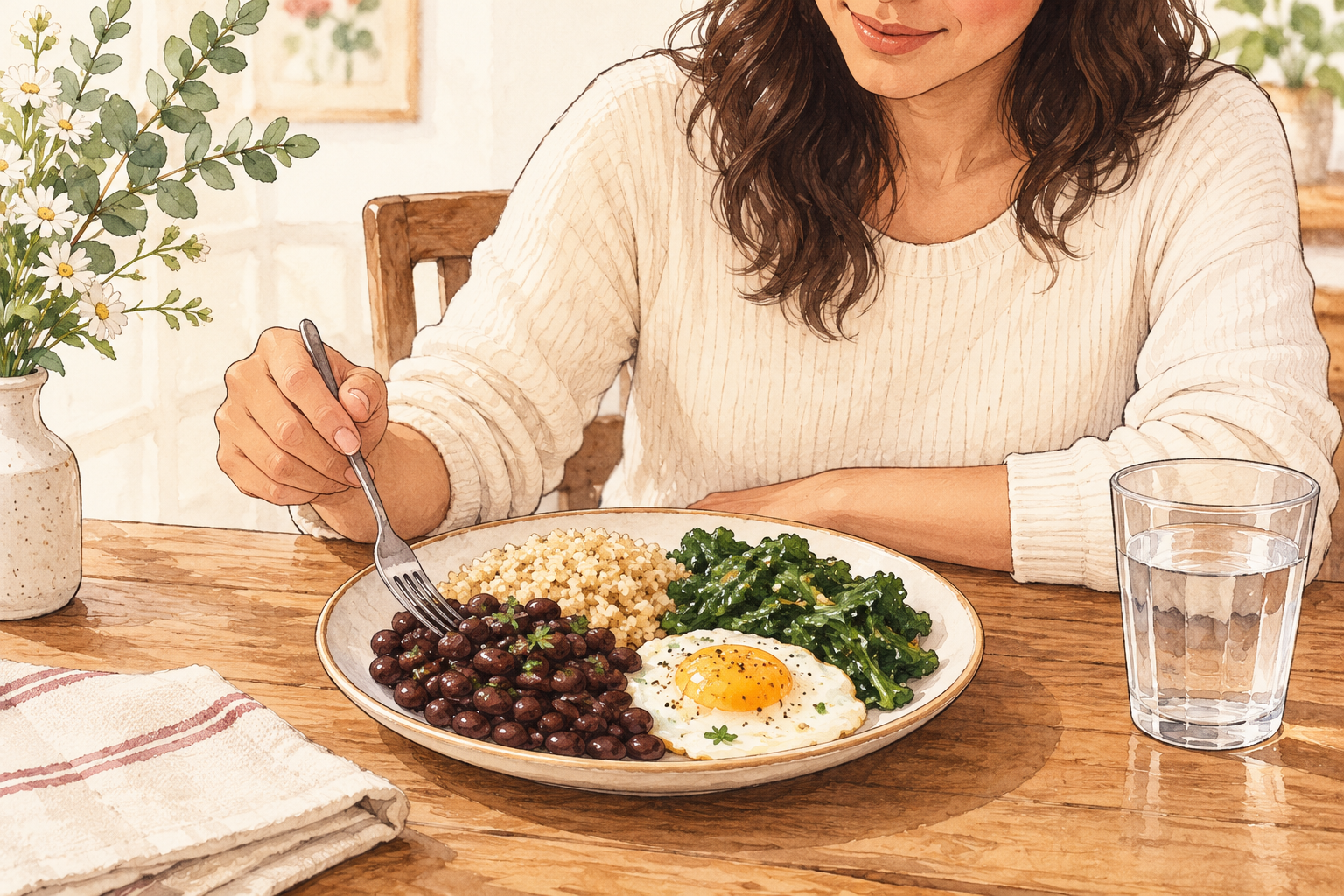 A balanced plate with rice, beans, leafy greens and a cooked egg sits beside a glass of water.