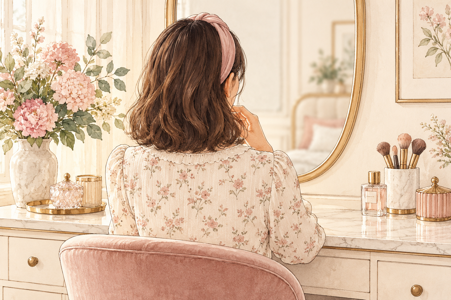 A woman wears a soft headband over a shoulder-length hairstyle while sitting at a mirror.