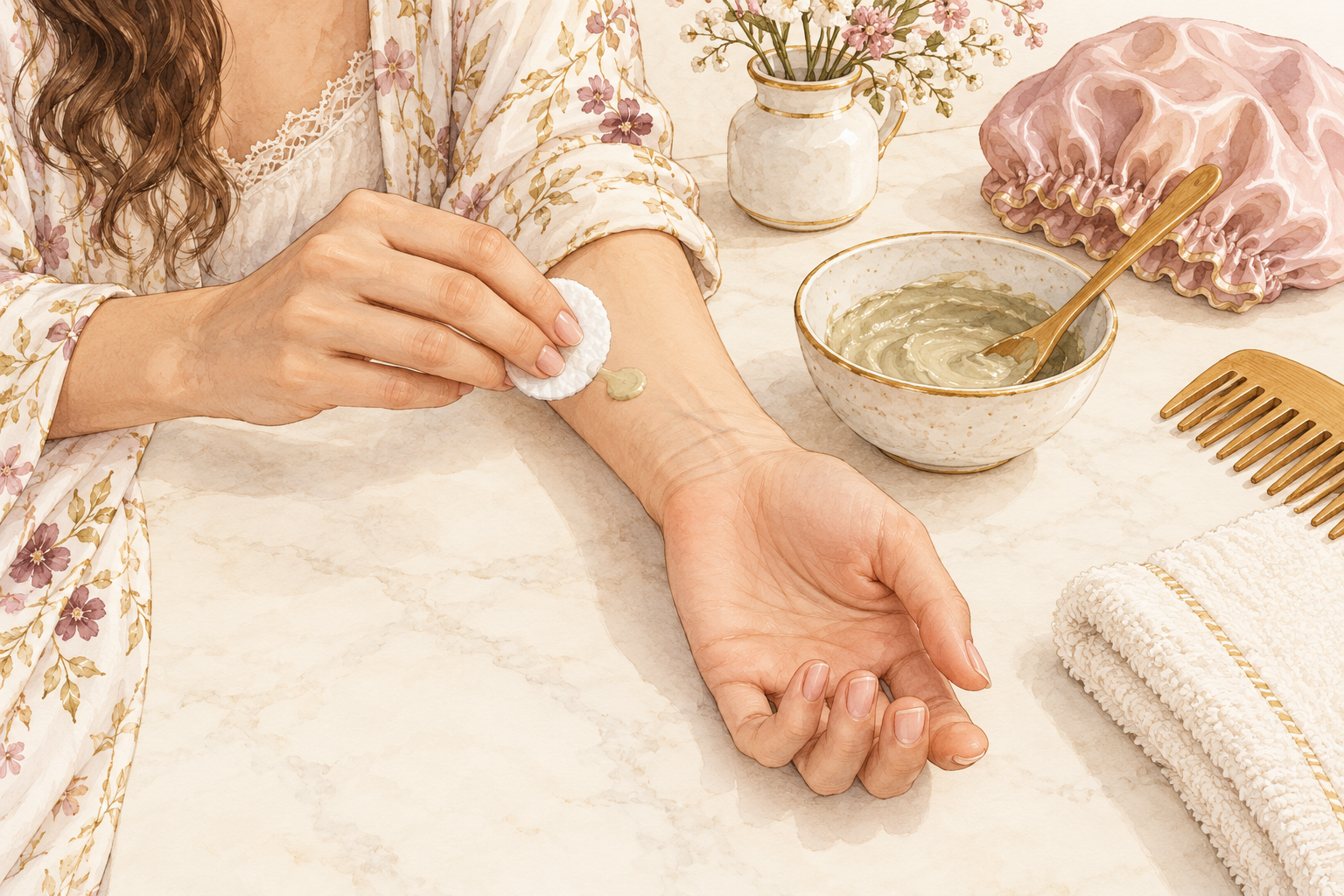 A cotton pad places a tiny dab on the inner wrist crease beside a bowl, spoon, wide-tooth comb, cap and folded towel.