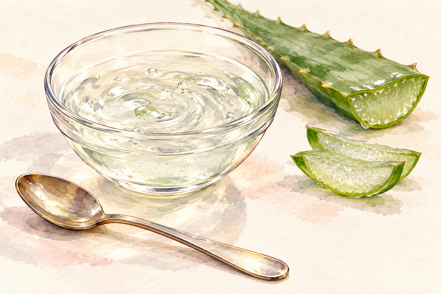 Clear aloe gel and water sit in a small bowl beside a cut aloe leaf and teaspoon.