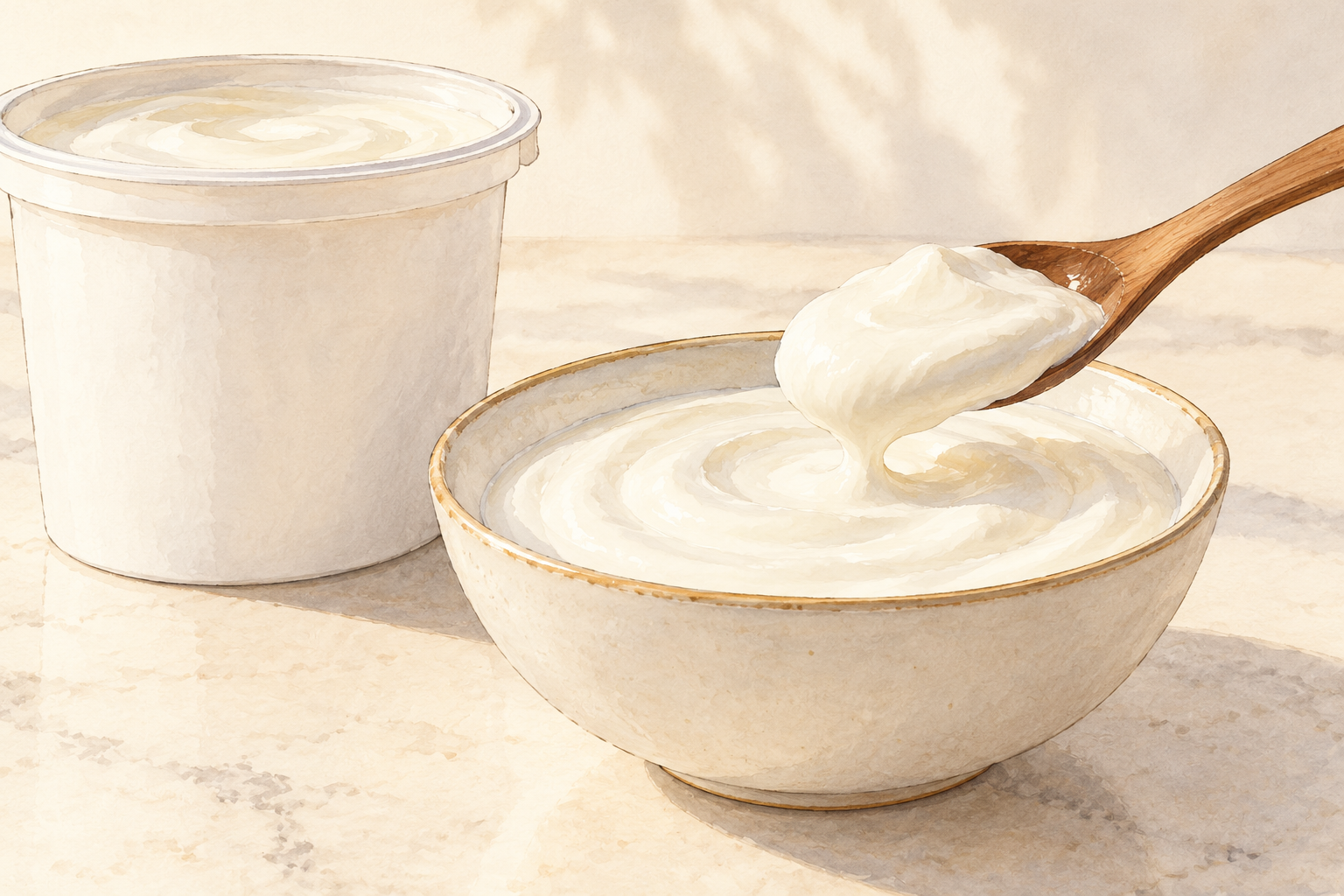 A wooden spoon lifts plain white yogurt from a small bowl beside an unmarked tub.