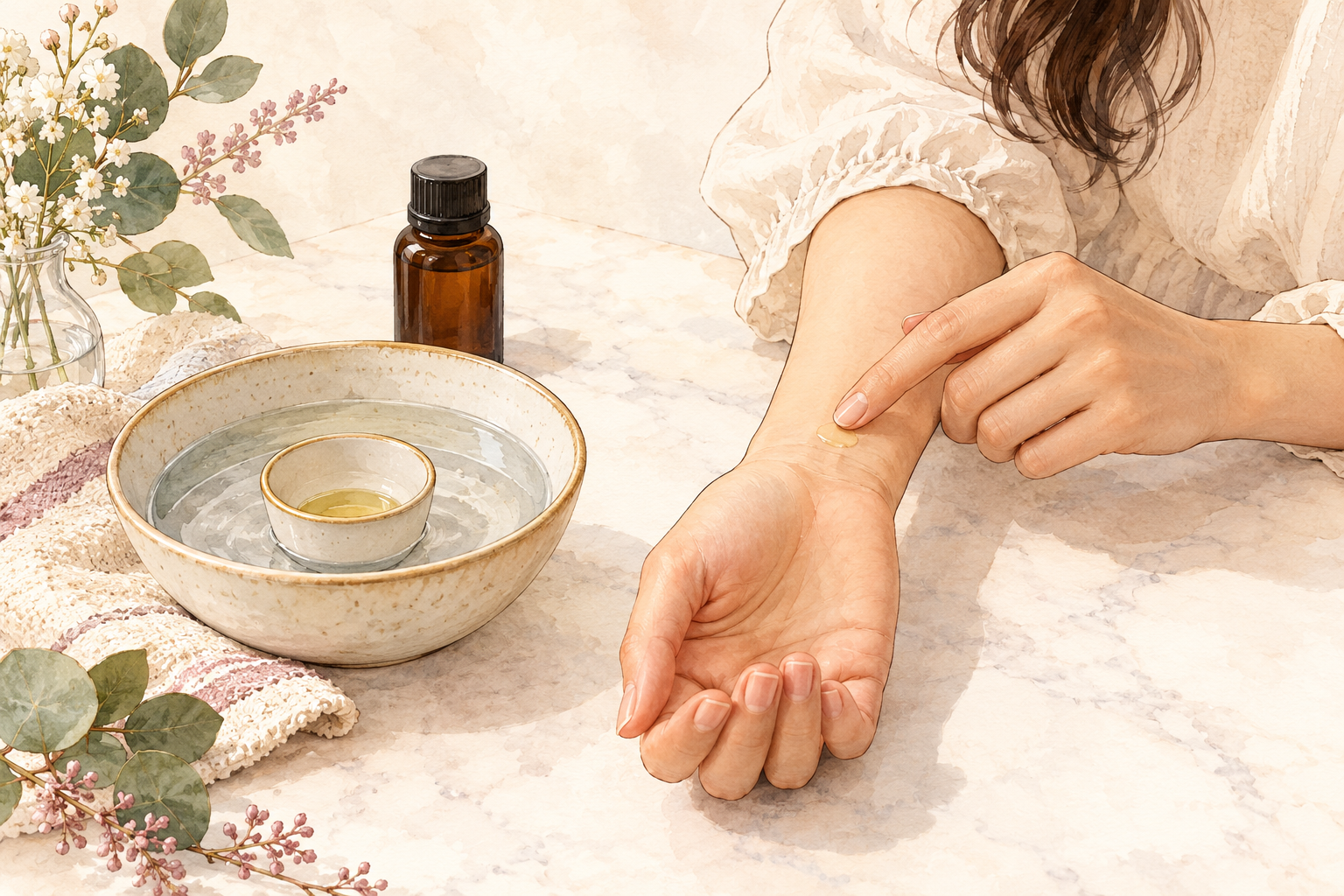 A small cup of oil sits in warm water beside a hand checking a tiny drop at the wrist.