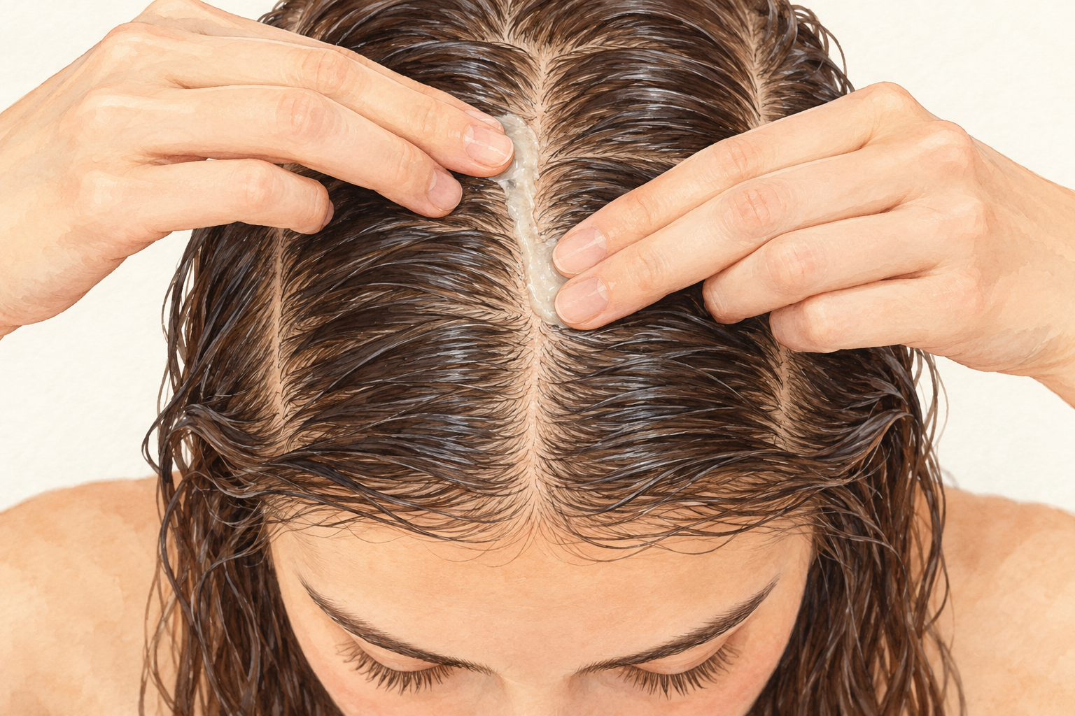 Fingertip pads press a thin pale mask along a neat part in damp hair.