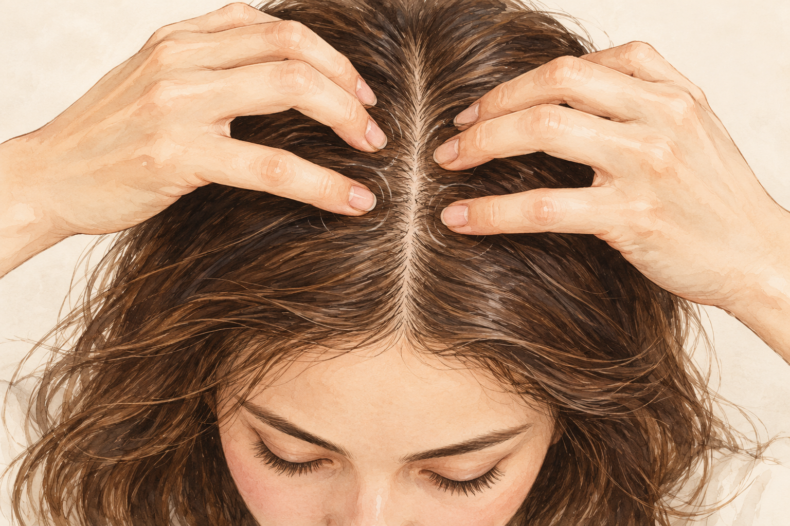 Fingertip pads make small gentle circles along a parted scalp.