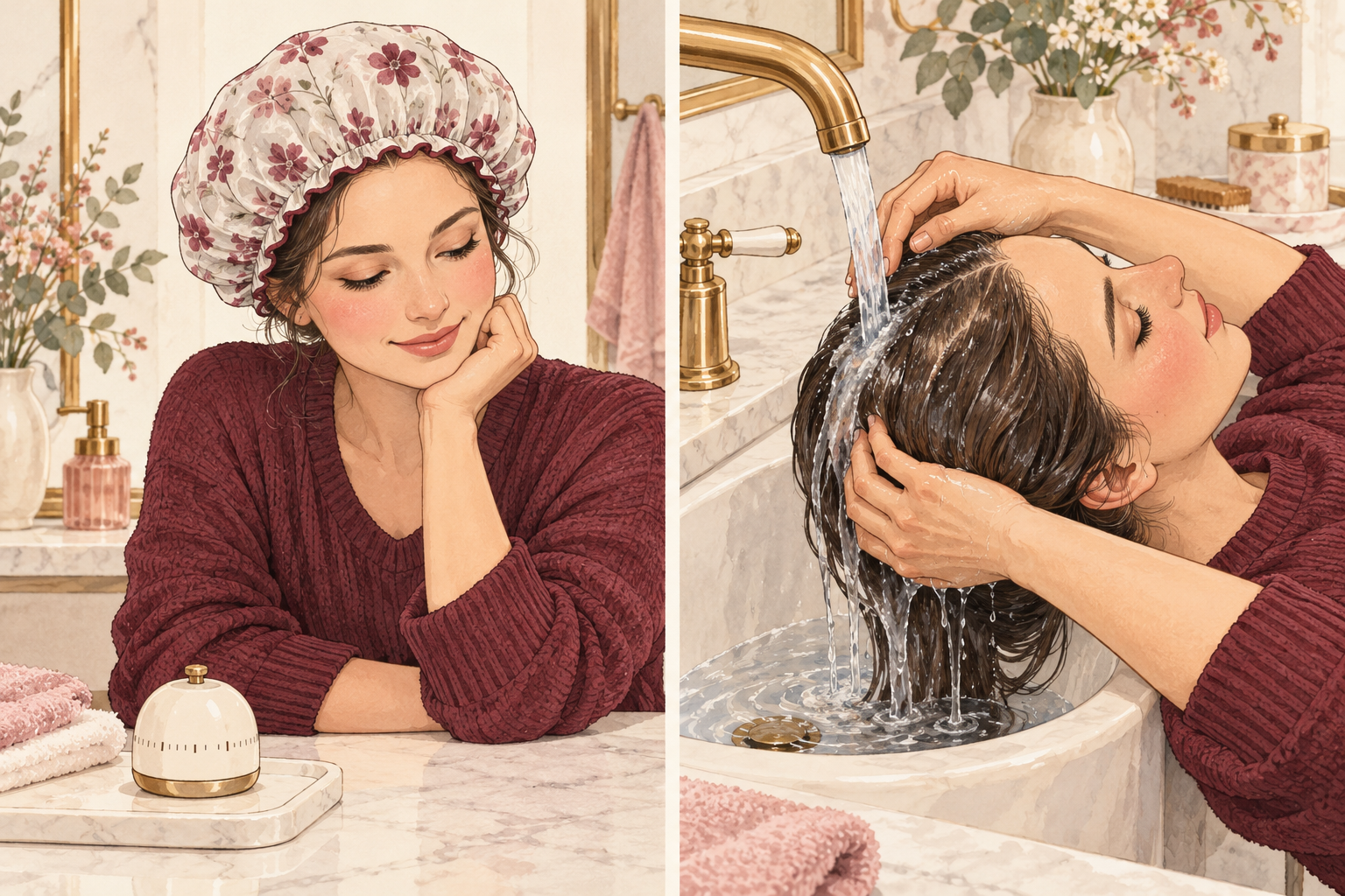 Two panels show a woman wearing a shower cap beside a numberless timer, then leaning her head back while rinsing her hair over a basin.