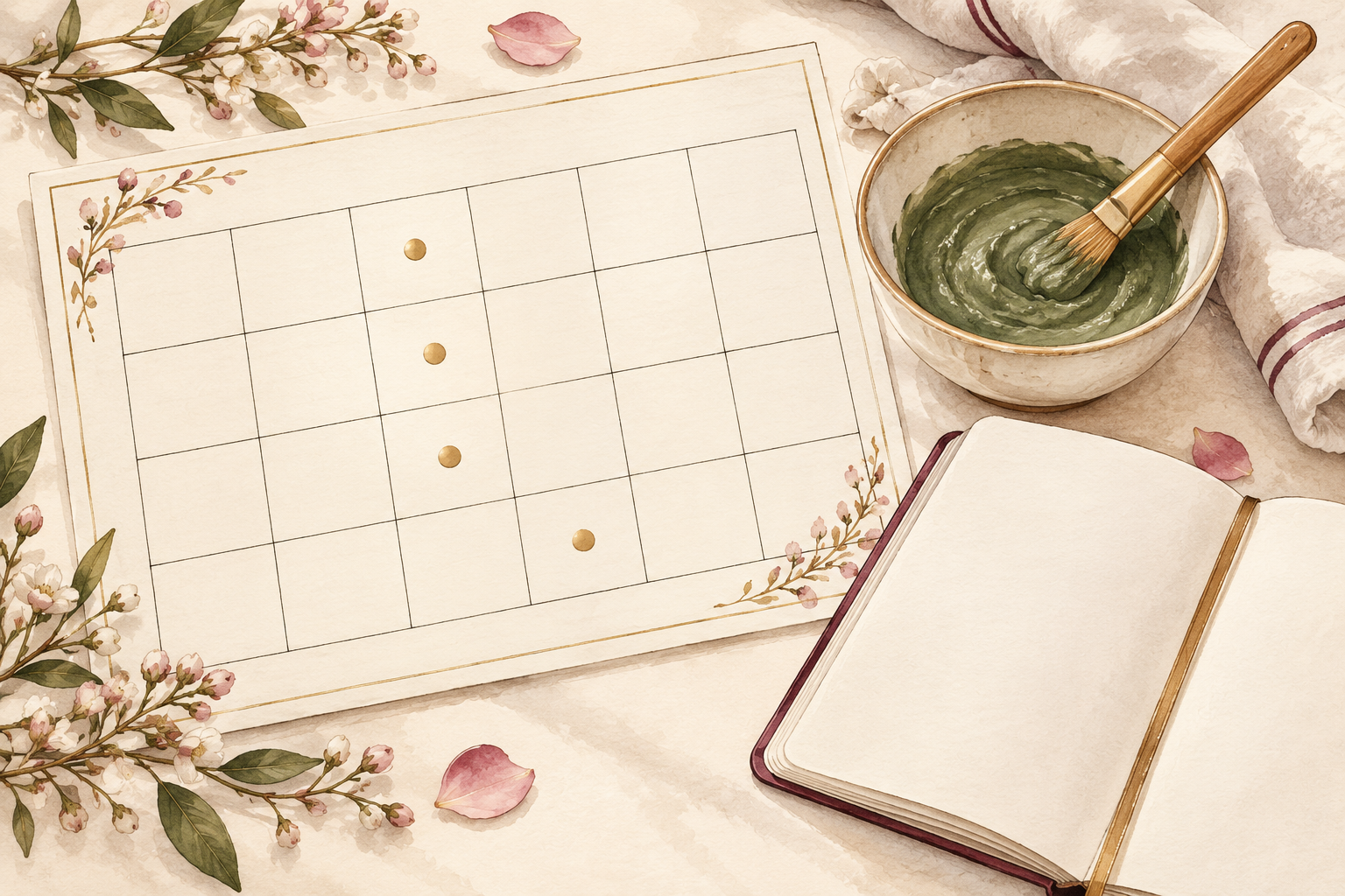 A four-row blank calendar has one gold dot in each row beside a mask bowl.