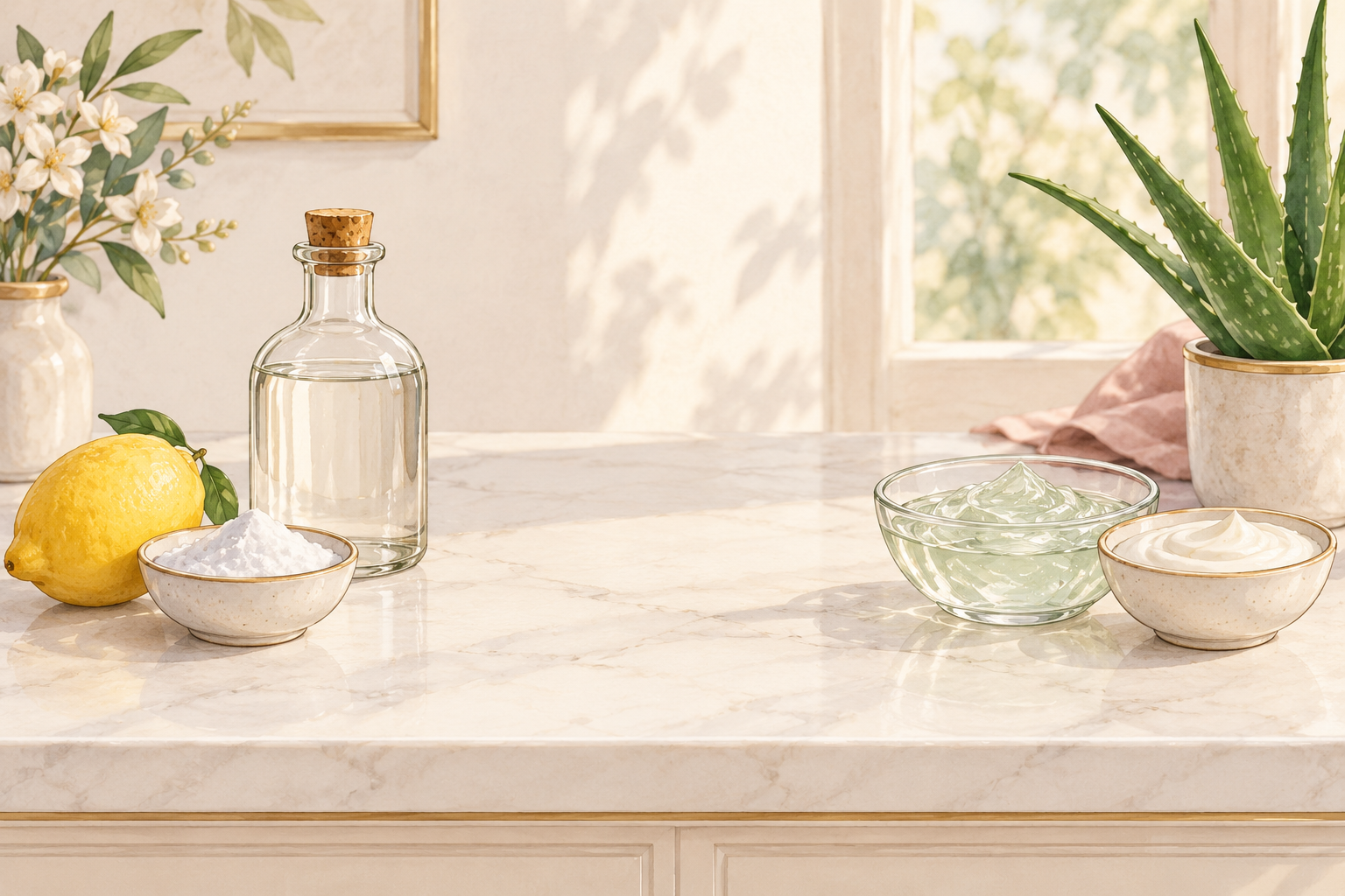 A lemon, unlabelled clear bottle and white powder bowl are grouped separately from clear gel and plain yogurt bowls.