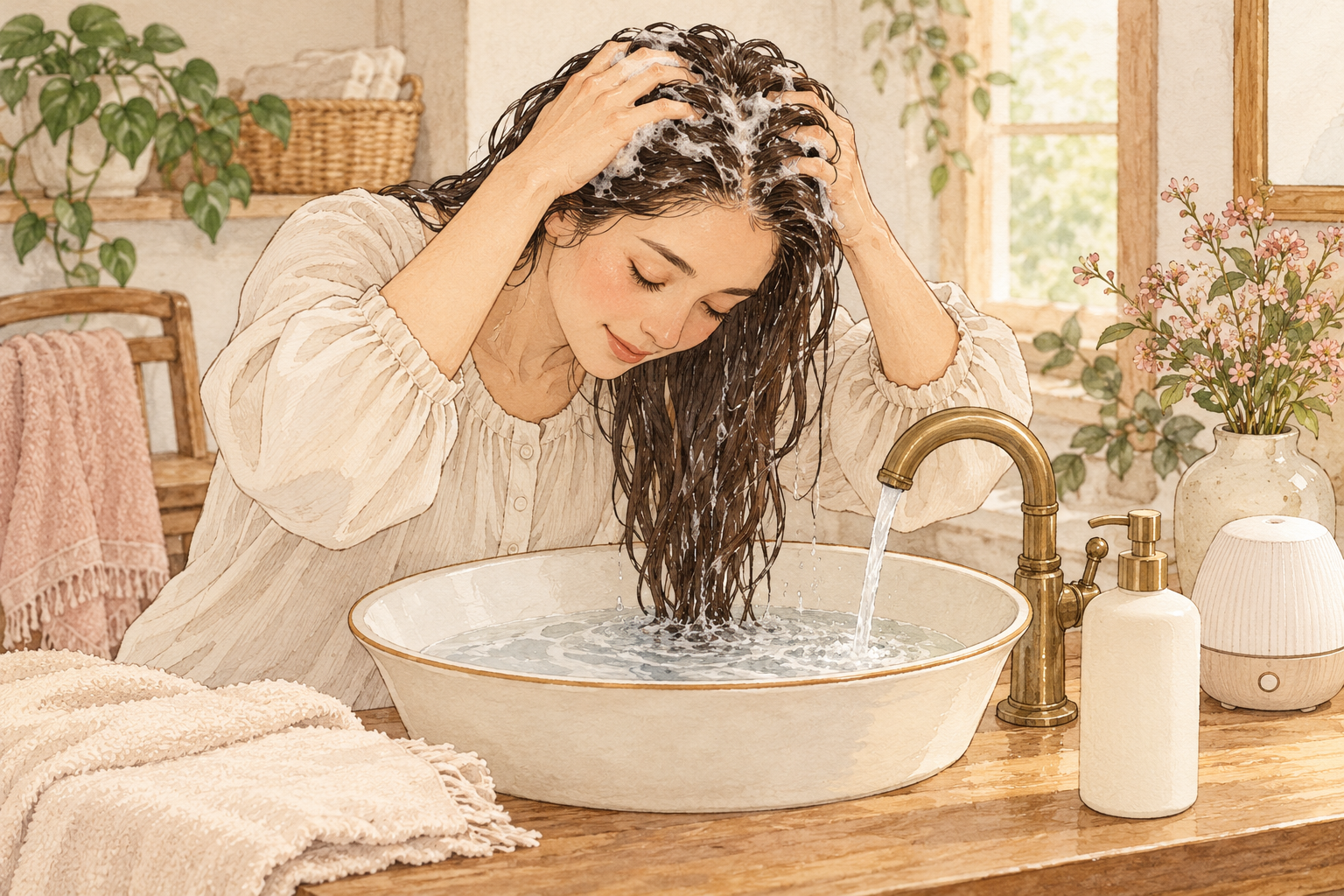 A woman gently shampoos her scalp over a basin with a running faucet, plain bottle and small humidifier nearby.