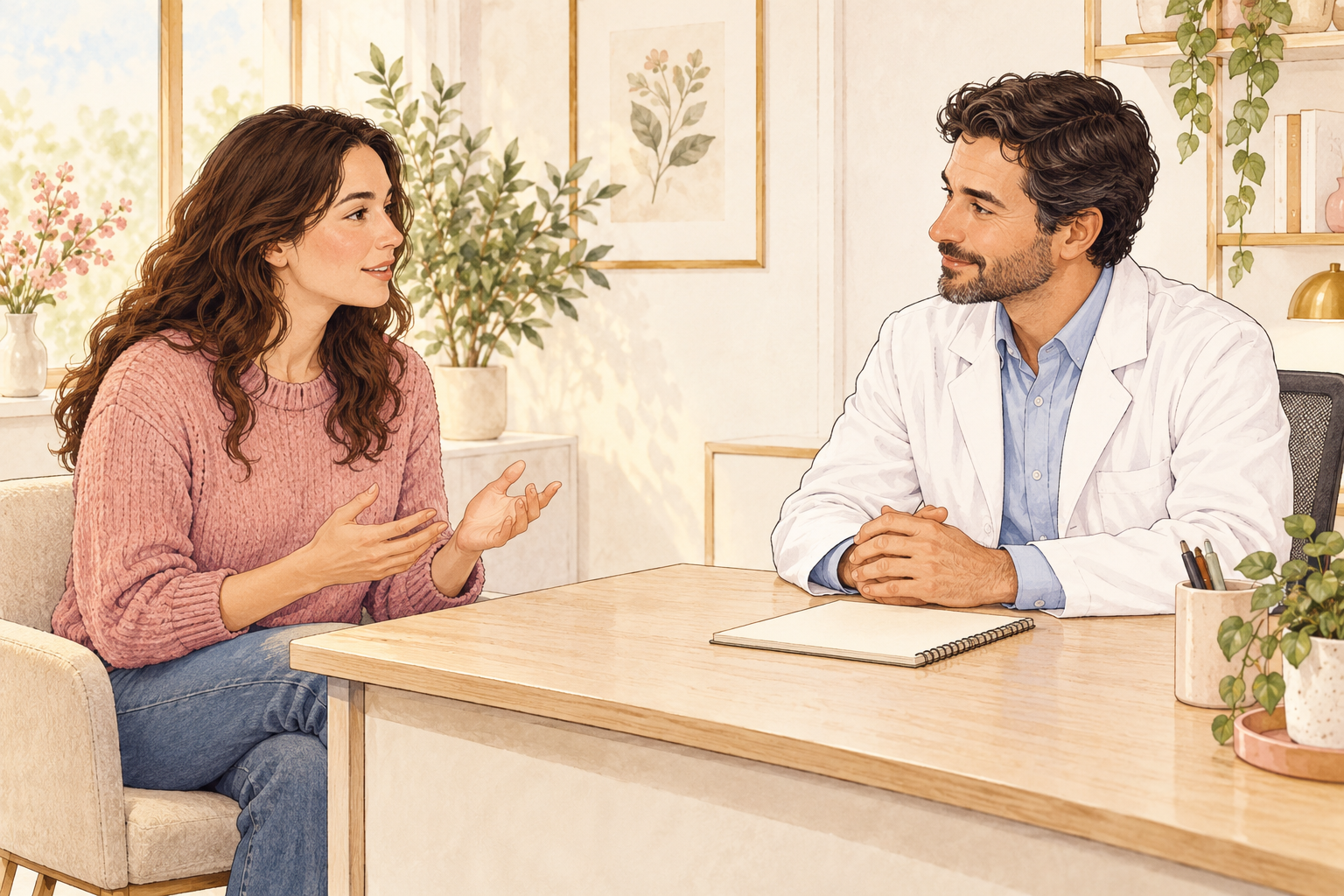 A clothed woman speaks with a clinician across a desk with a blank notebook.