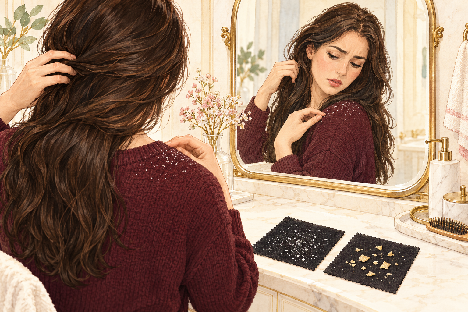 A clothed woman checks her hair in a mirror beside two dark swatches with fine white and larger pale-yellow flakes.