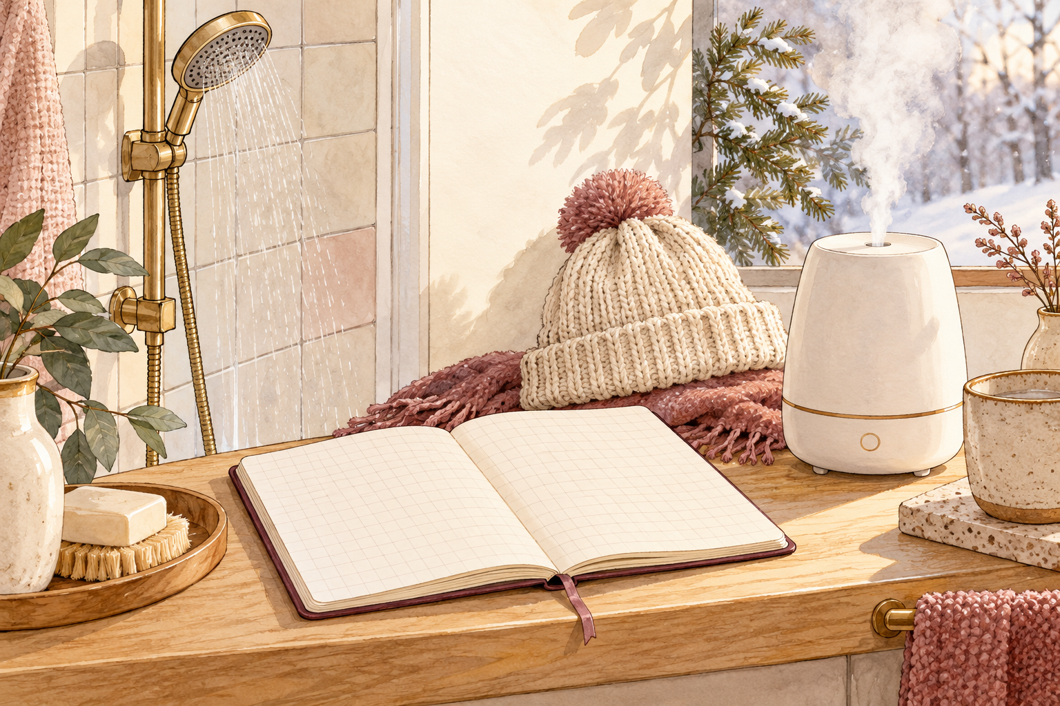 A blank note grid sits beside a small shower fixture, a hat and a tabletop humidifier.
