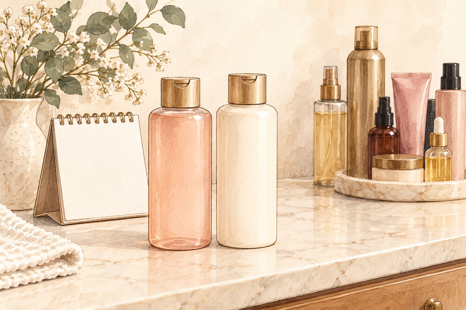 A shampoo and conditioner stand near a blank calendar while extra styling bottles are set aside.