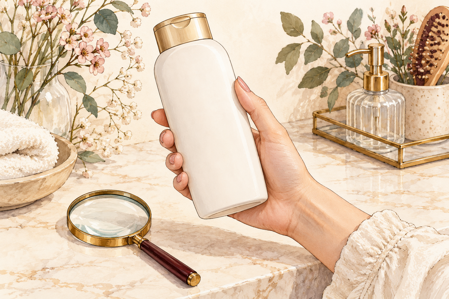 A hand turns a plain shampoo bottle toward its blank back panel beside a magnifying glass.