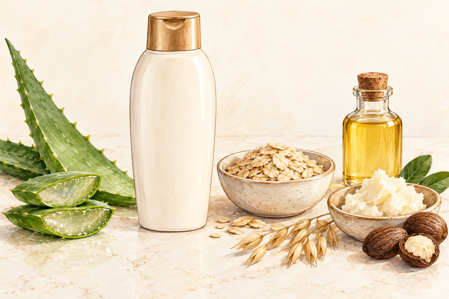 A plain shampoo bottle sits beside an aloe leaf, a small bowl of oats, a shea dish and a modest oil bottle.