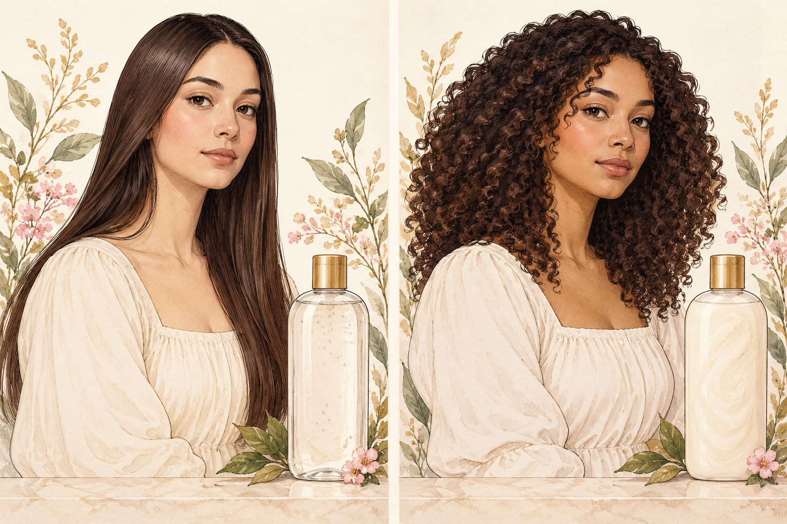One panel shows fine straight hair beside a light clear bottle; the other shows thicker curly hair beside a creamy bottle.