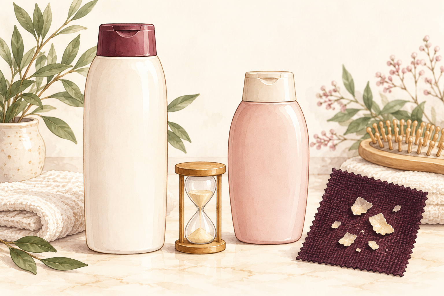 A plain treatment shampoo bottle and mild companion bottle sit beside a numberless timer and a dark fabric swatch.