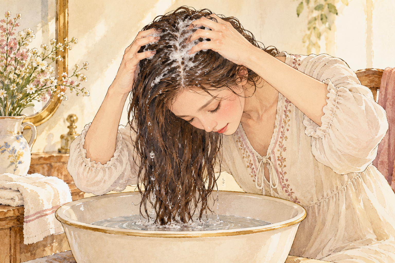 A clothed woman uses fingertip pads to wash her scalp over a basin with lukewarm water and light suds.