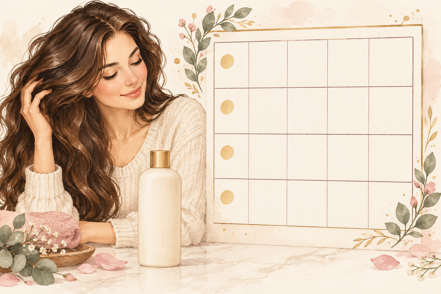 A blank calendar shows one spaced wash mark in each of four weekly rows beside a plain shampoo bottle.