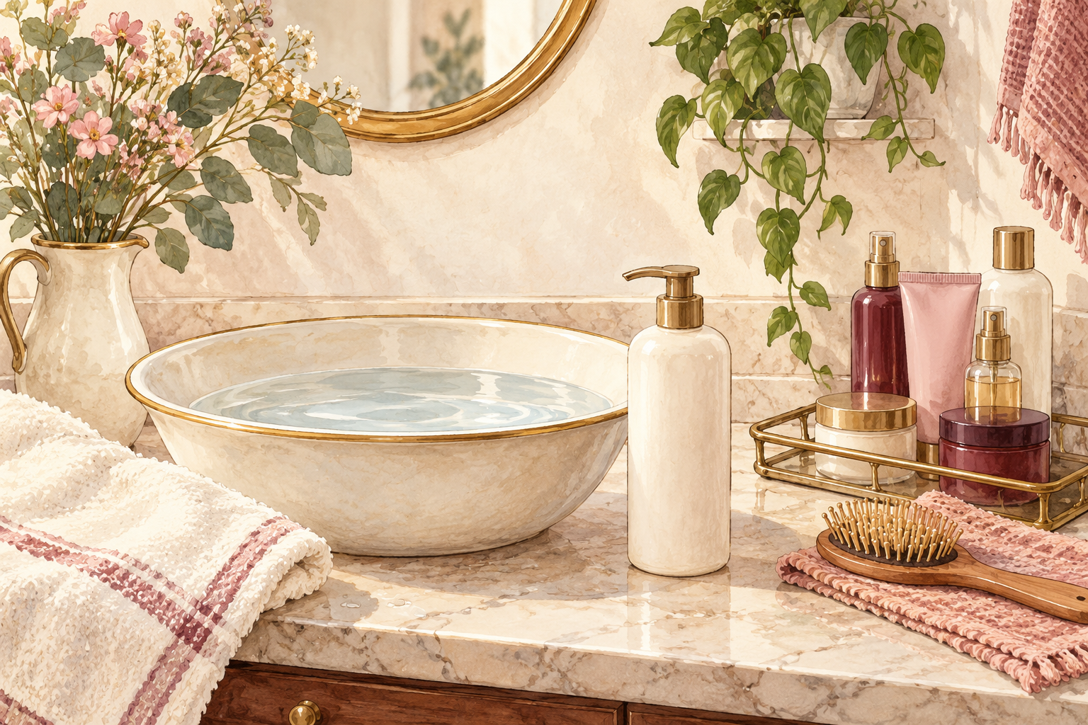 A plain shampoo bottle and lukewarm basin sit beside extra products set aside in a small tray.