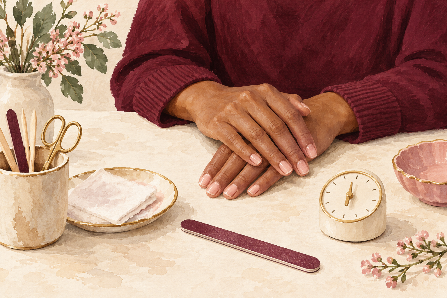 Dry hands rest before filing.