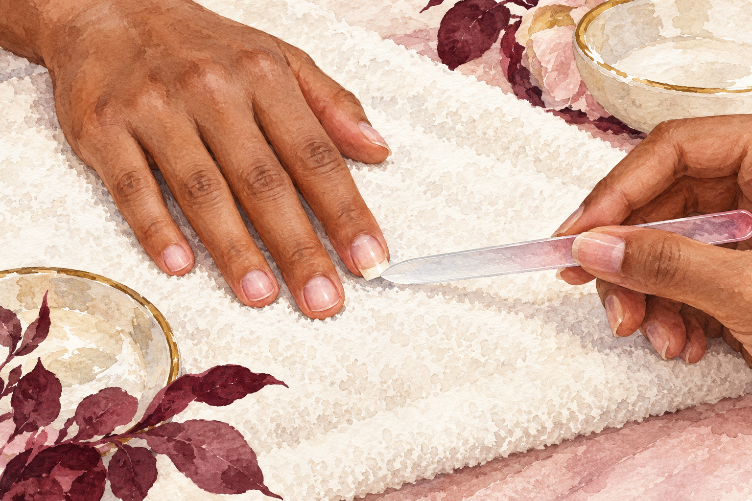 A file contacts the free edge of the slightly longer nail.