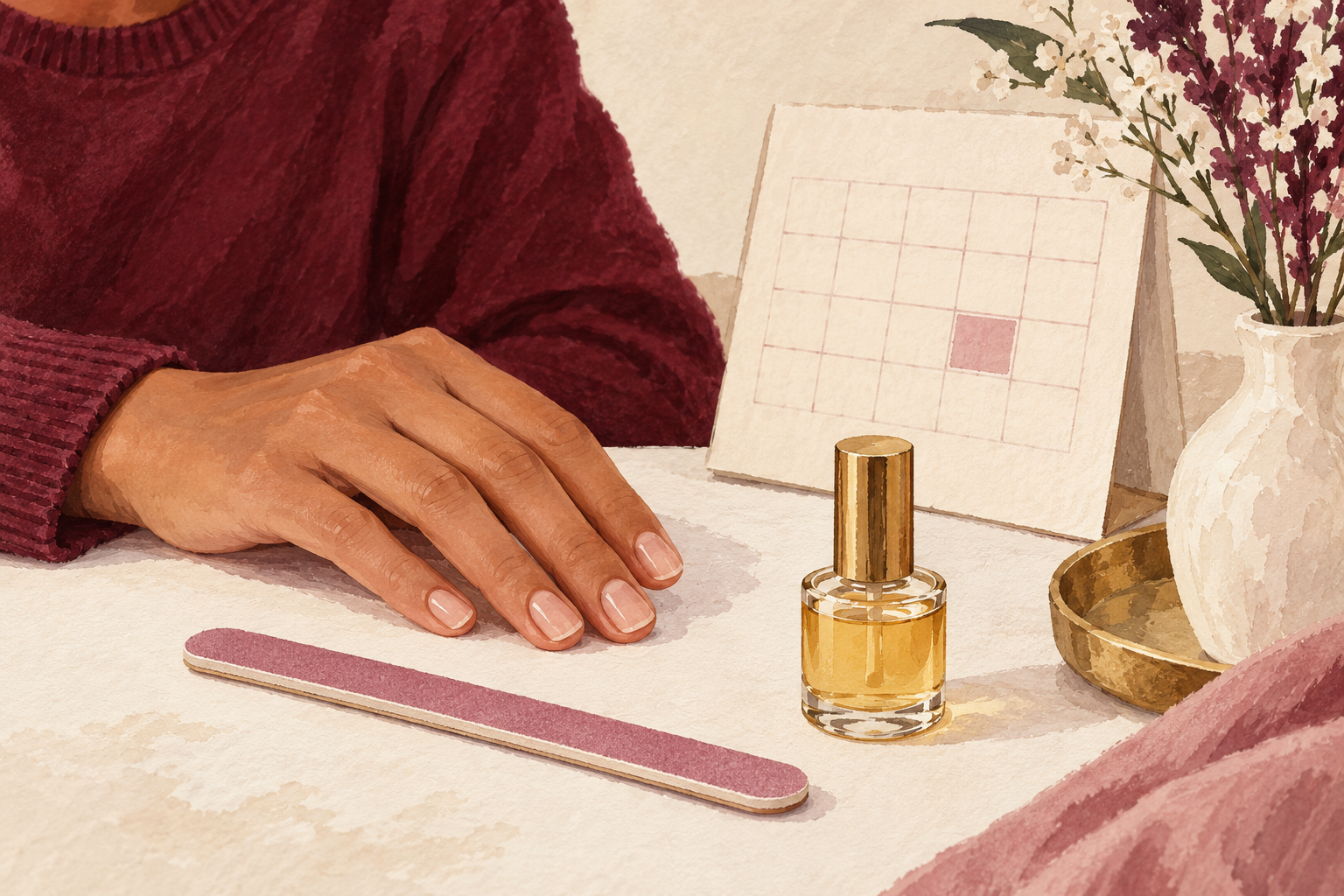 Short nails, a fine file and capped oil sit beside a calendar with one marked square.