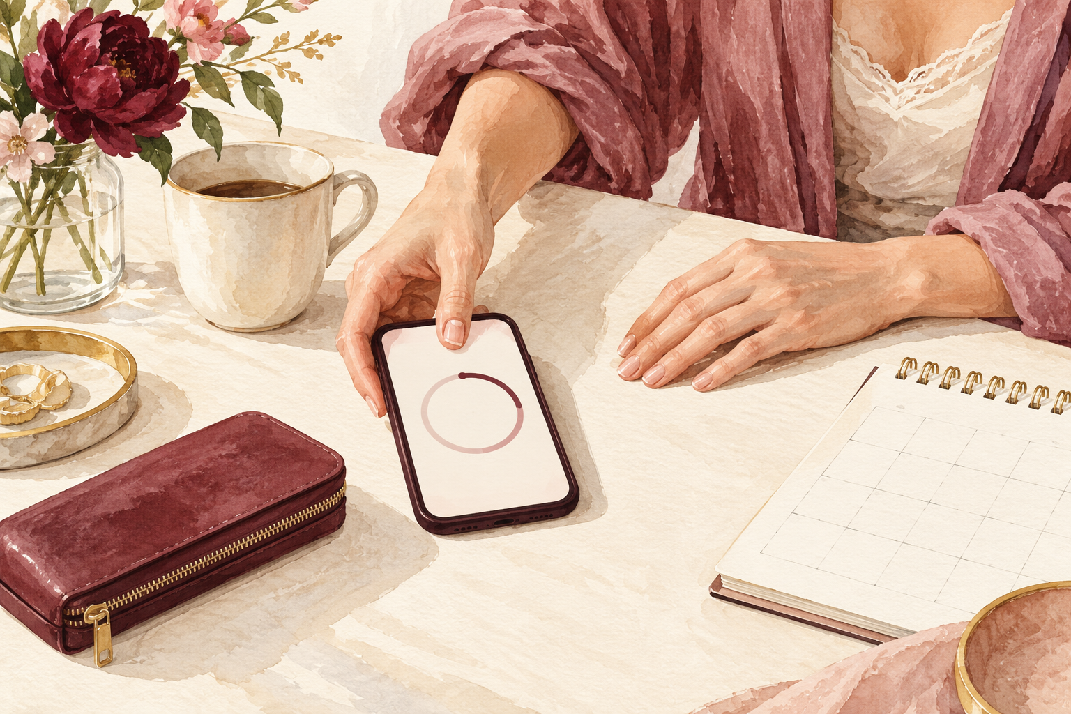 A phone with an abstract timer sits beside a nail-care pouch.