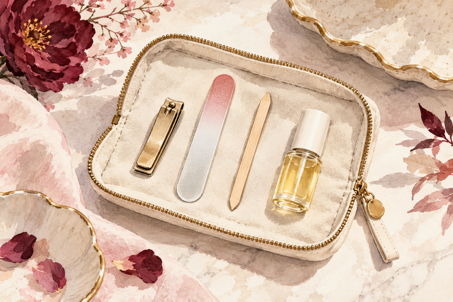 A clipper, file, blunt stick and oil bottle sit in an open pouch.