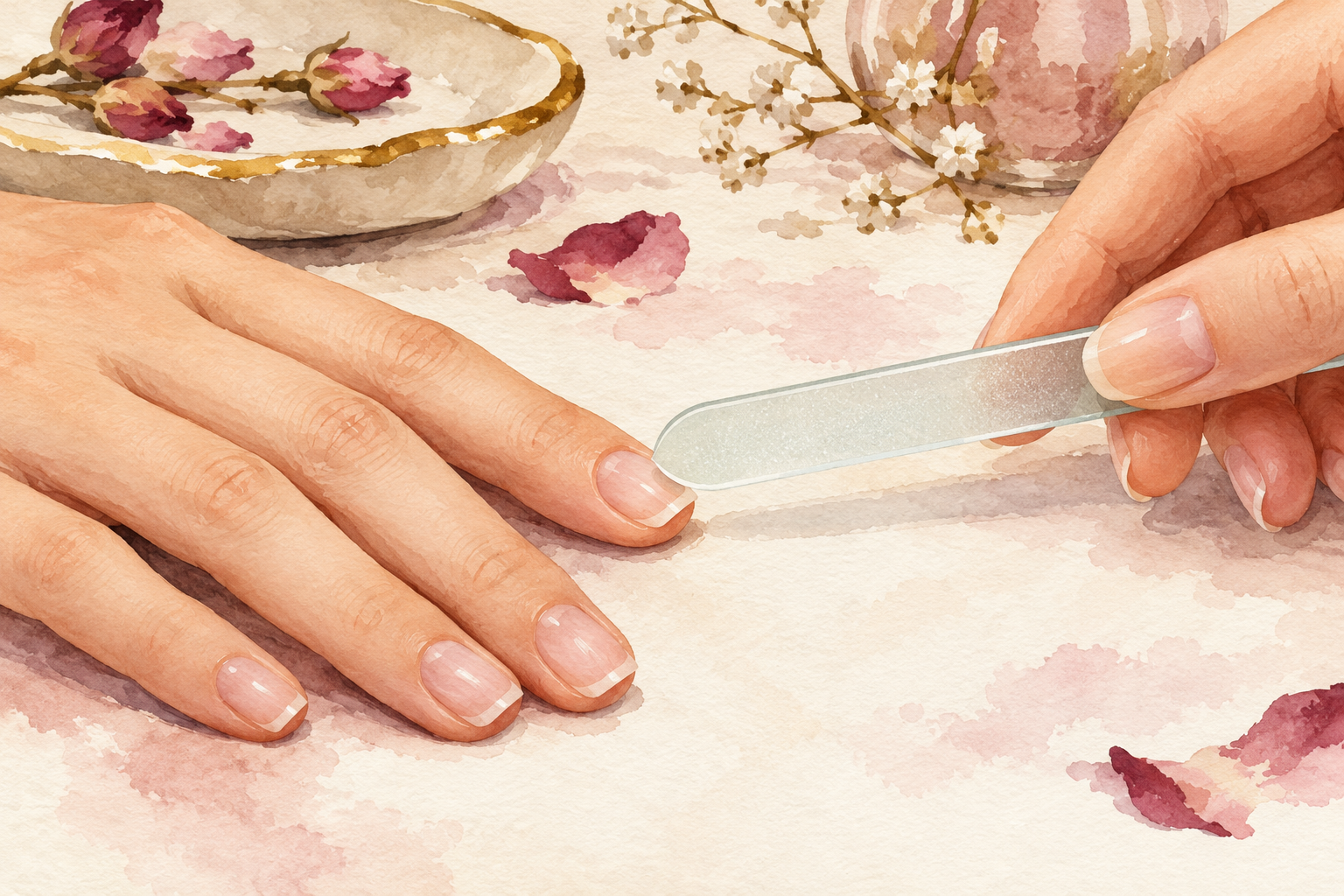 A rounded glass file smooths the distal edge of a short nail.