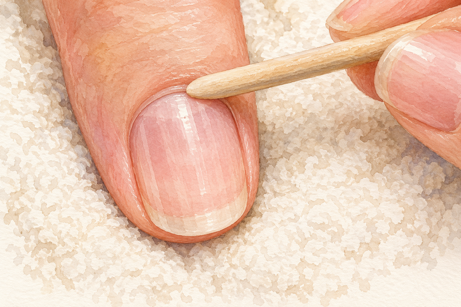 A blunt wooden stick rests gently at the base of a thumbnail.