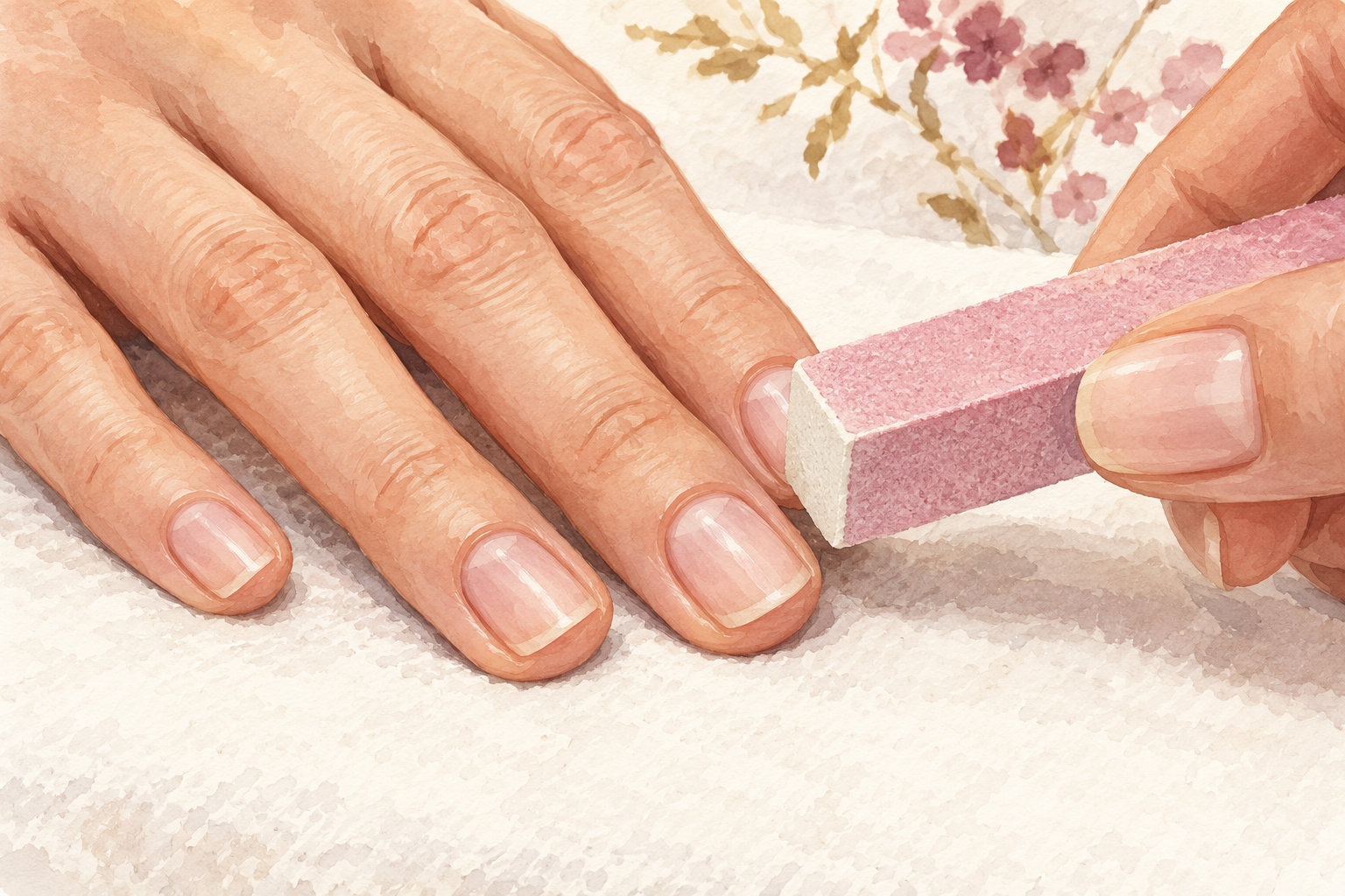 A rectangular foam buffer lightly touches a short bare nail.