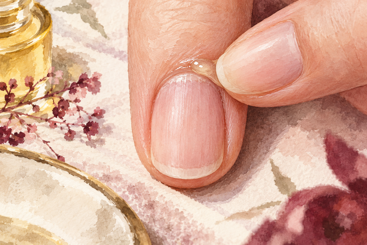 A small oil bead sits beside the cuticle of a short bare nail.
