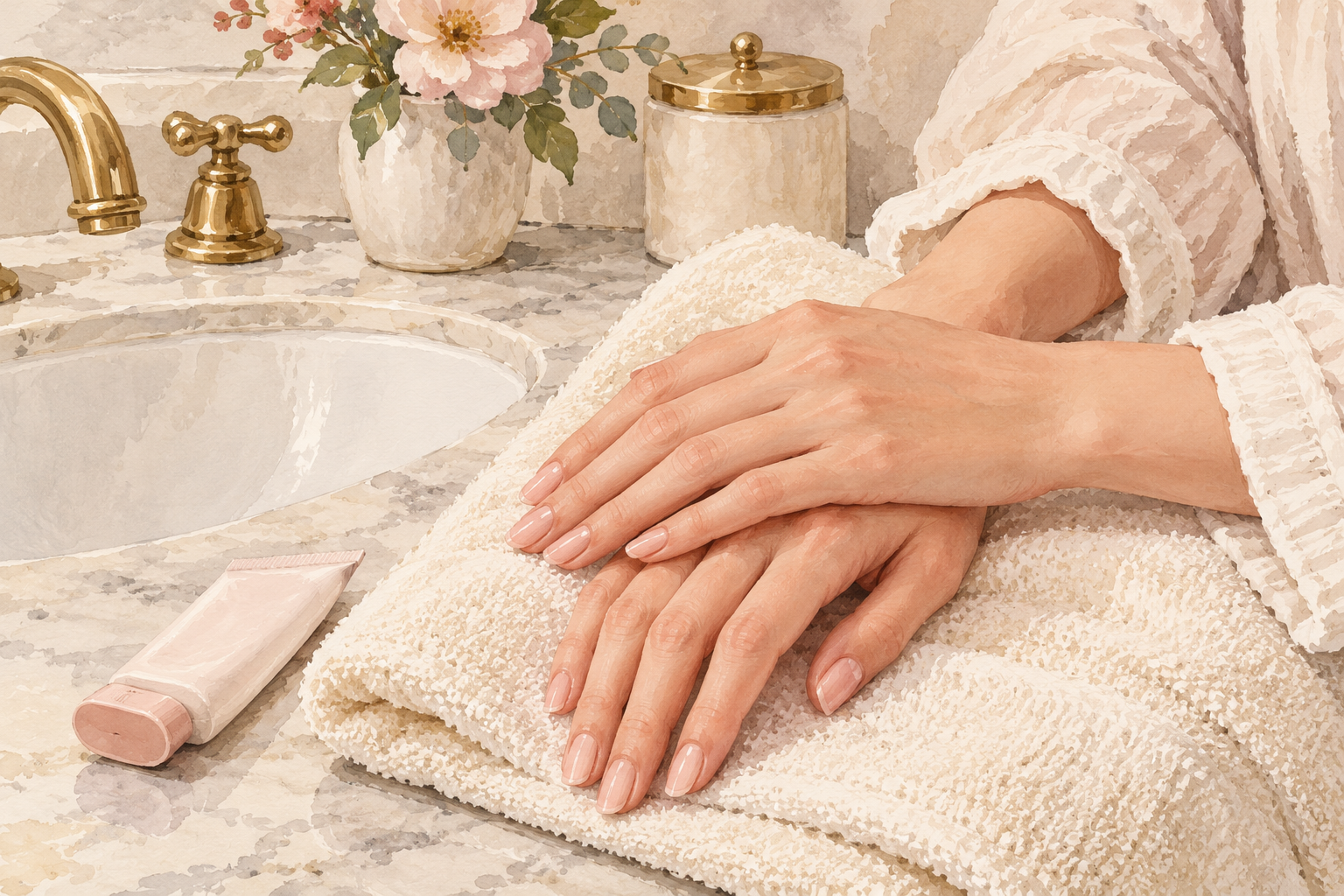 Dry hands rest beside a sink with hand cream nearby.