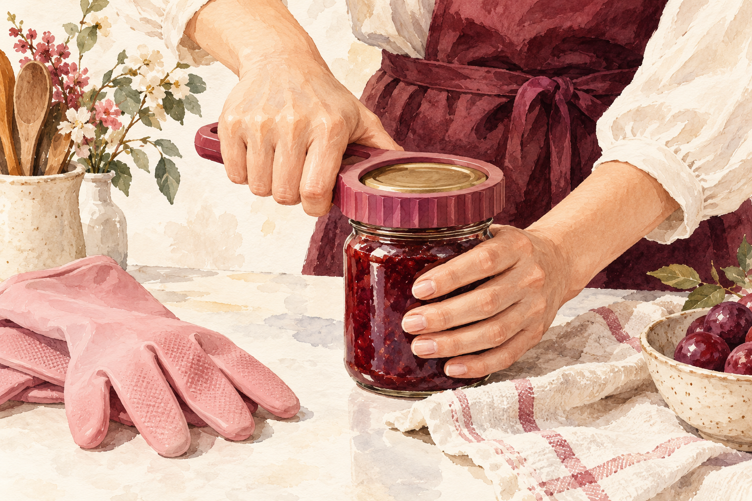 Two hands hold a jar beside a pink rubber glove.