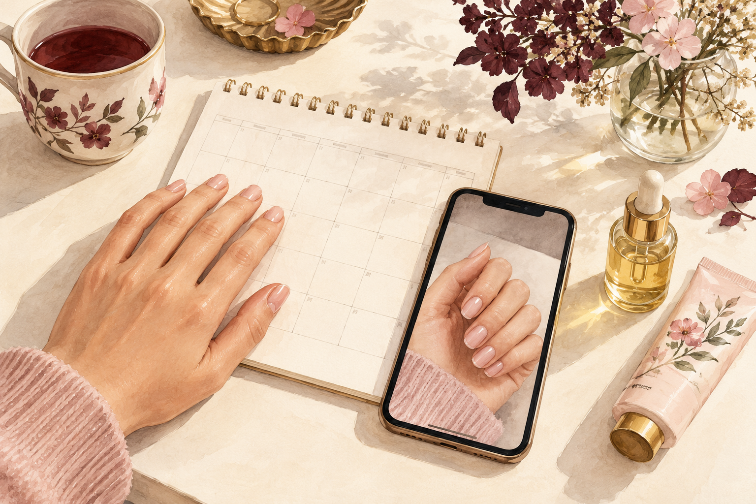 A hand photo appears on a phone beside a blank calendar, oil and cream.
