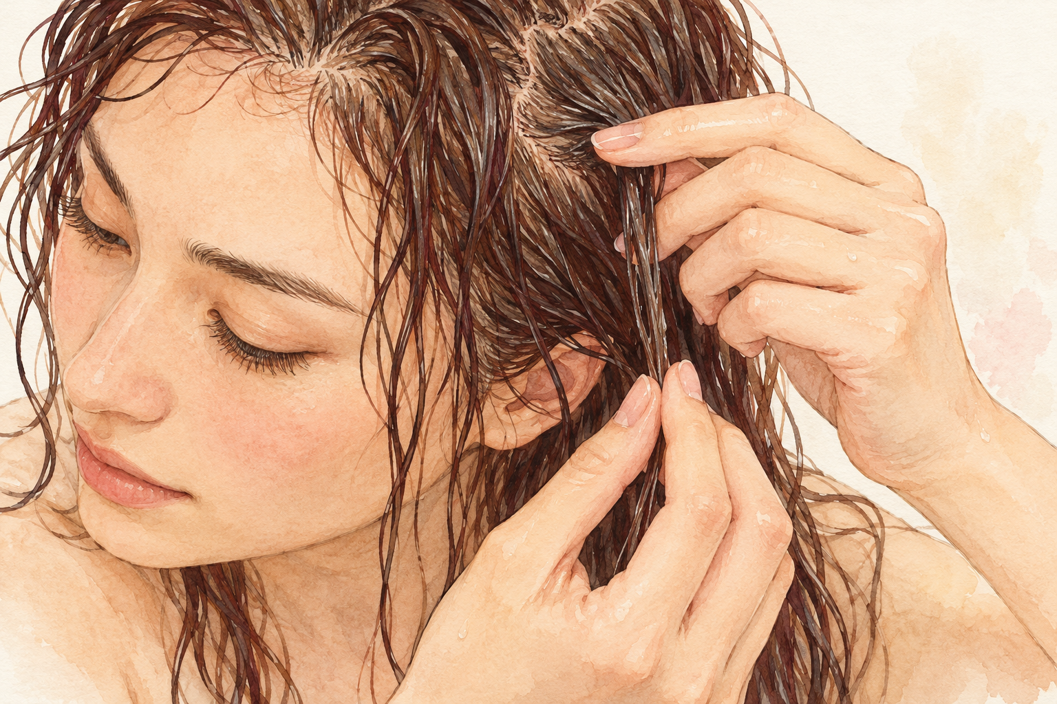 Two hands gently feel one wet section of hair that remains attached at the scalp.