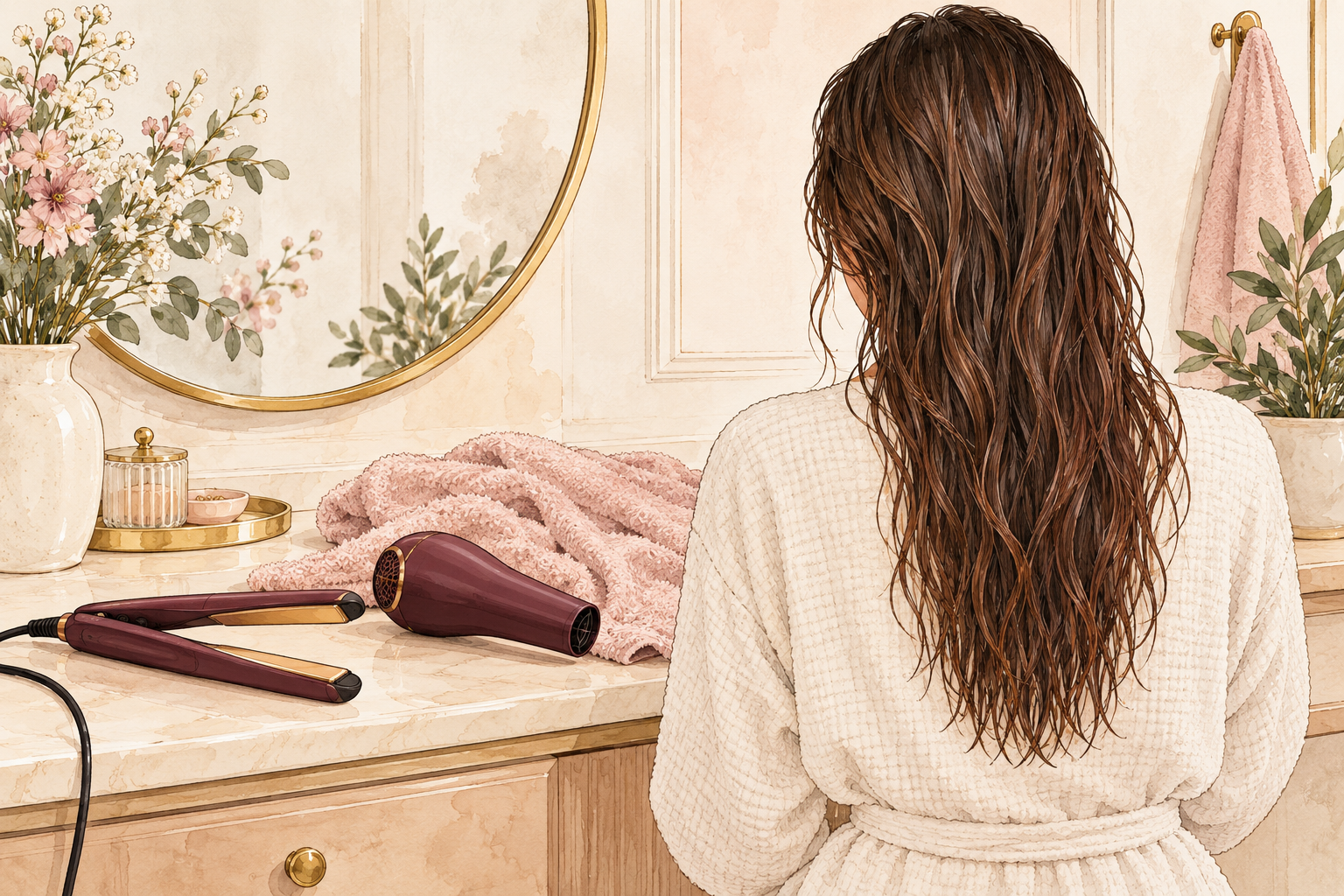 An unplugged flat iron and dryer sit beside a towel as hair air-dries.
