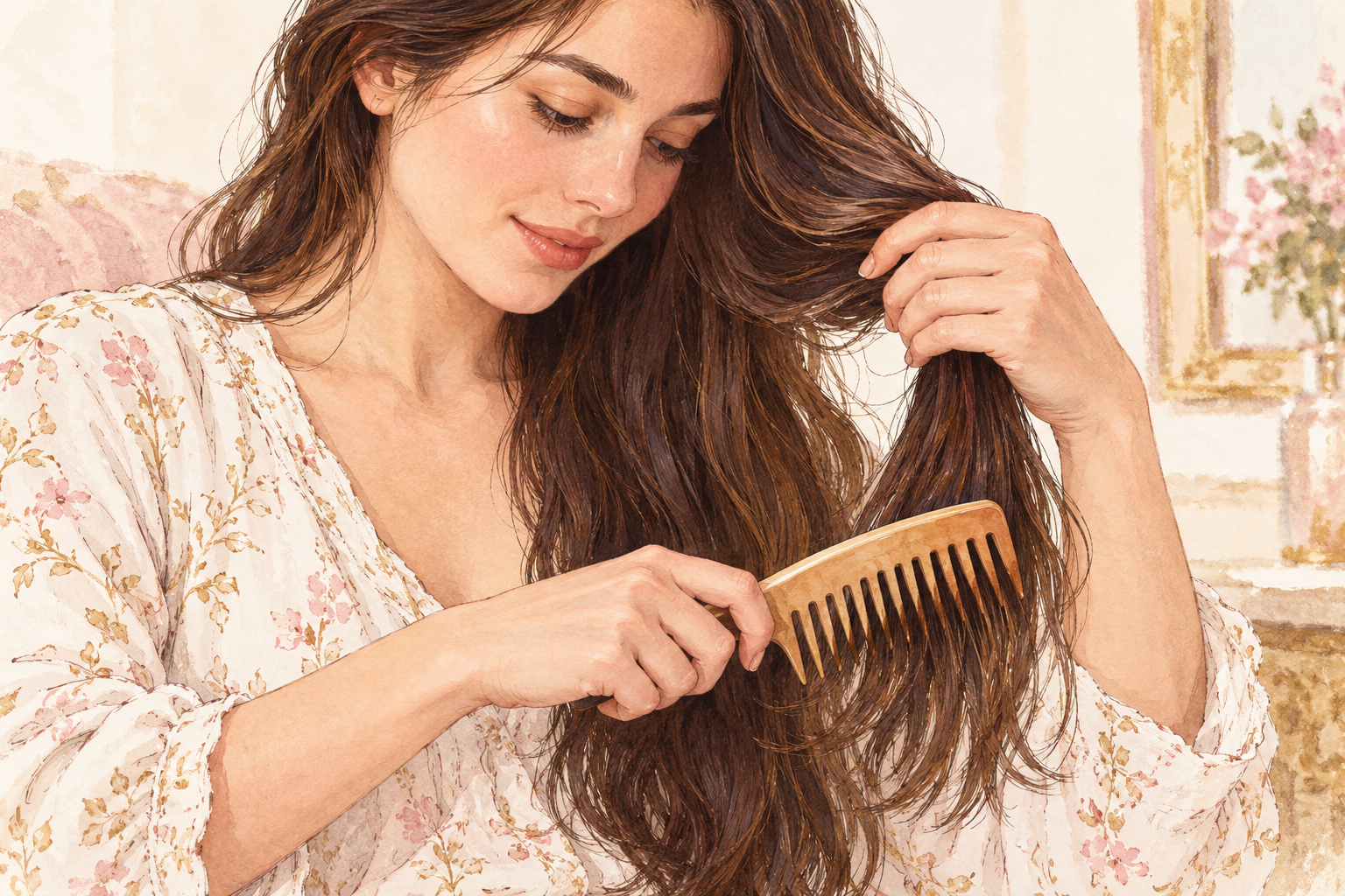 A wide-tooth comb moves through the ends while another hand supports the section above.